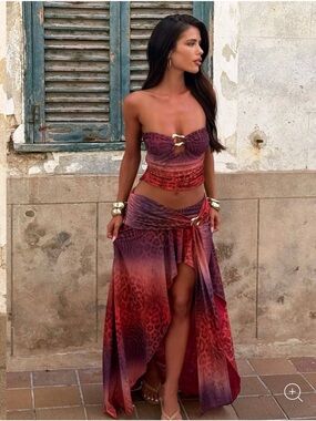 Ombre Red to Purple High-Slit Maxi Dress